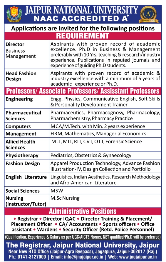 JNU Jaipur Teaching and Non-Teaching Recruitment 2024